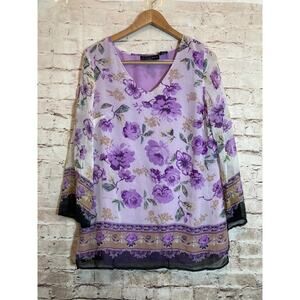 NY City Design Co. Tunic Top Womens 1X Silk Purple Floral Glitter Fairy Plus